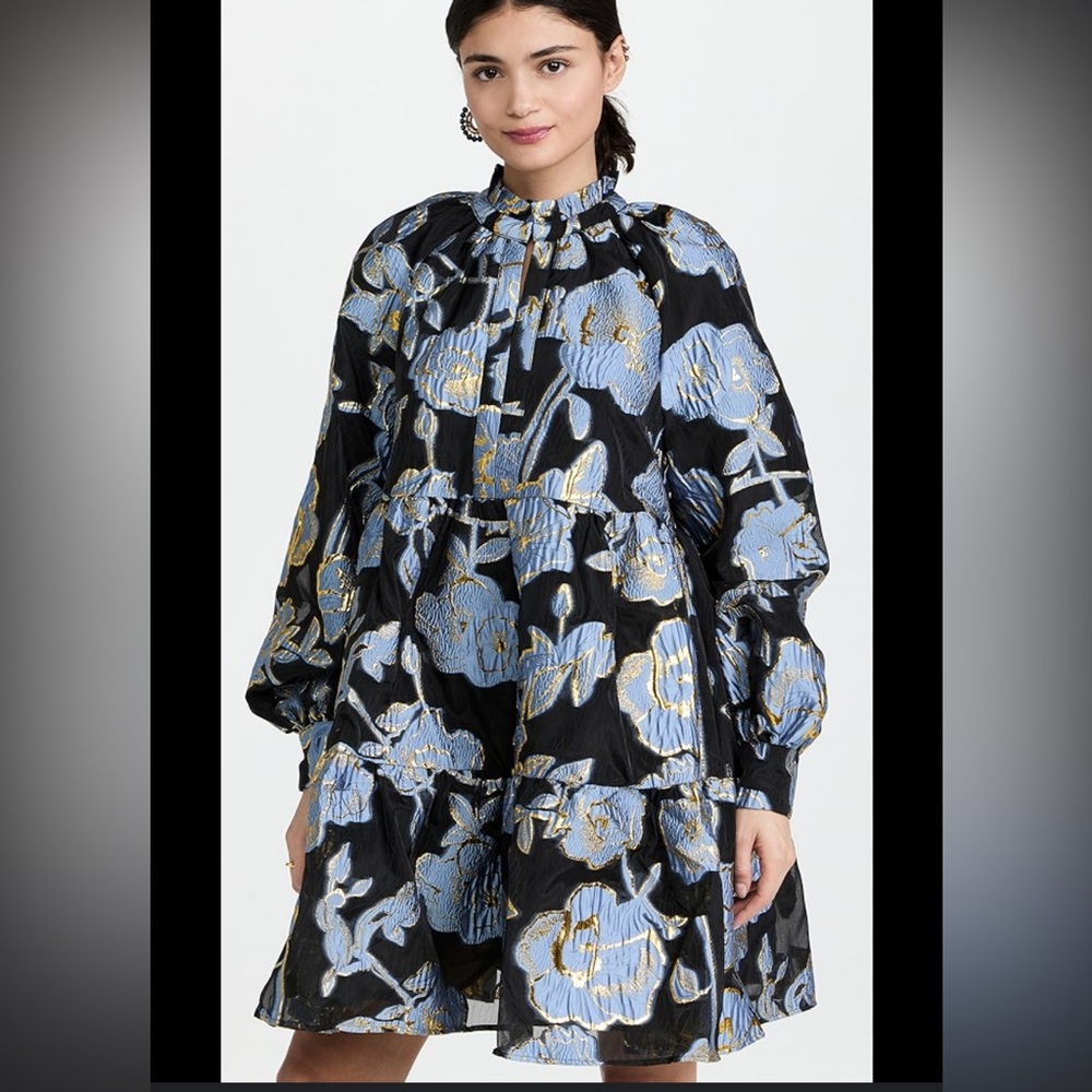 STINE GOYA Black Dress with Blue and Gold Floral Jacquard